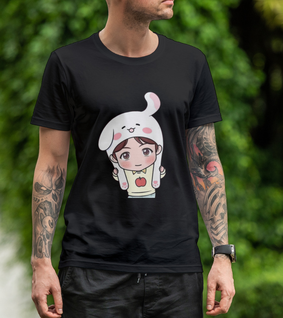 Suga BTS Cute Character With Bunny Hat And Apple T-Shirt