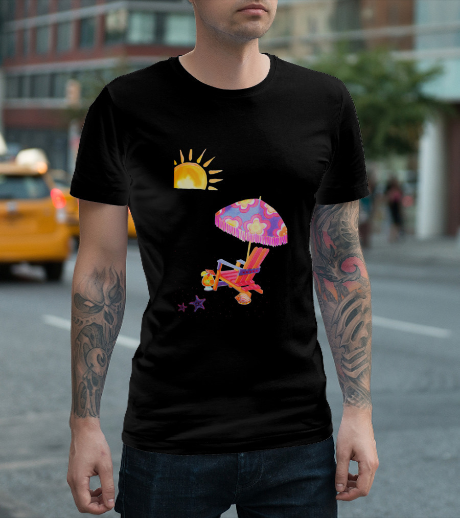 Time to Hit the Beach Sun Lounger with Colorful Beach Umbrella and Ocean Breeze T-Shirt