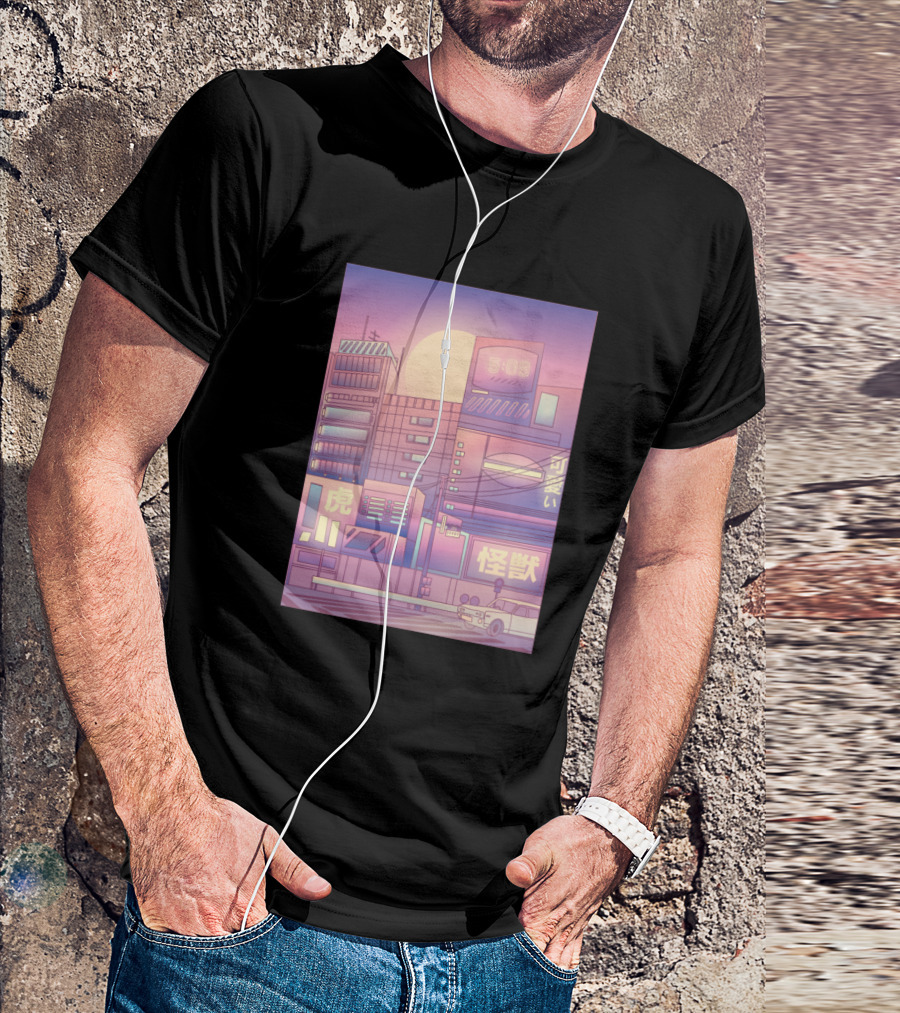 Vaporwave City Moon Neon Signs 5:05 Aesthetic Skyline T-Shirt