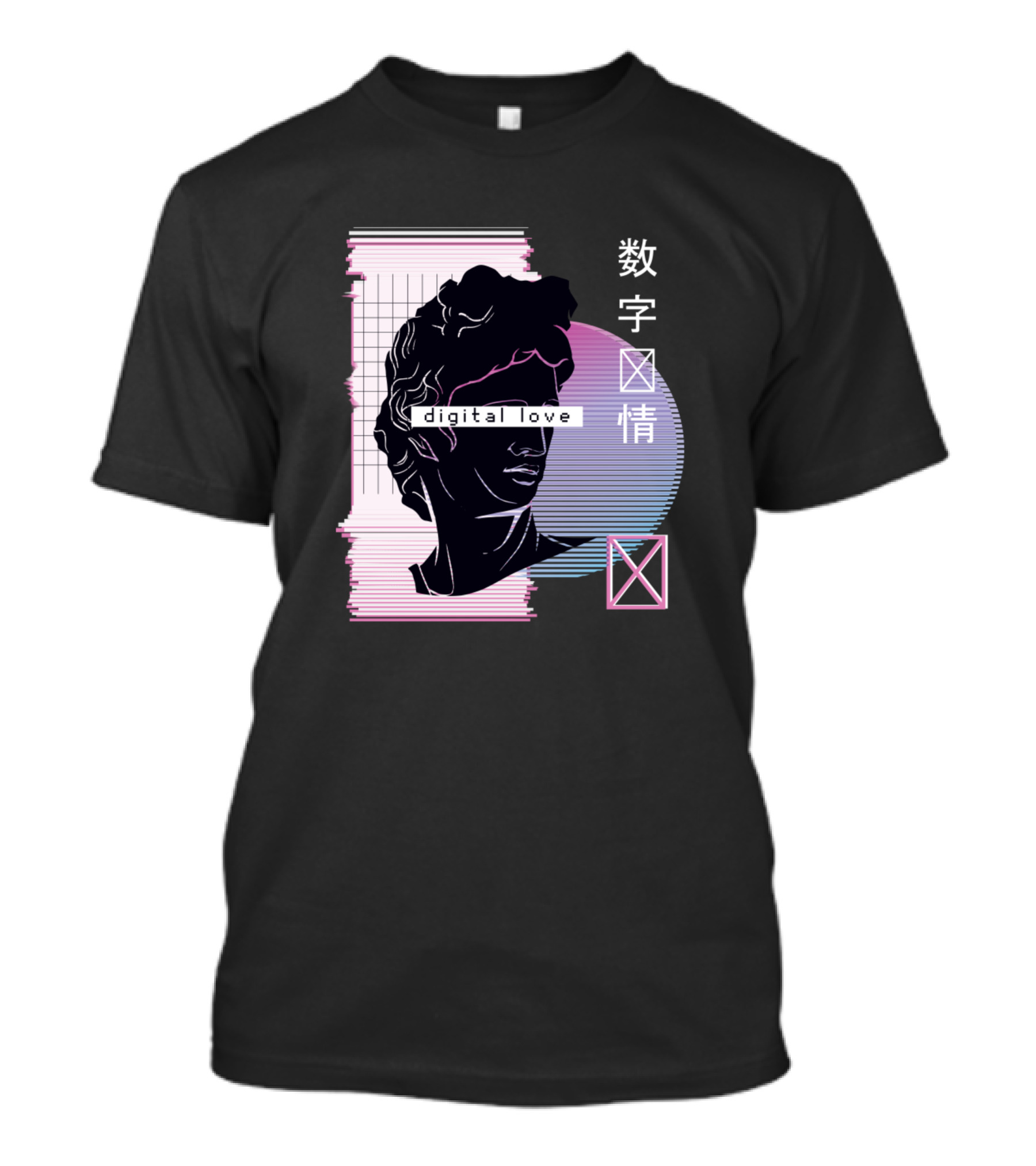 Vaporwave Digital Love Aesthetic With Japanese Characters And Classical Bust T-Shirt