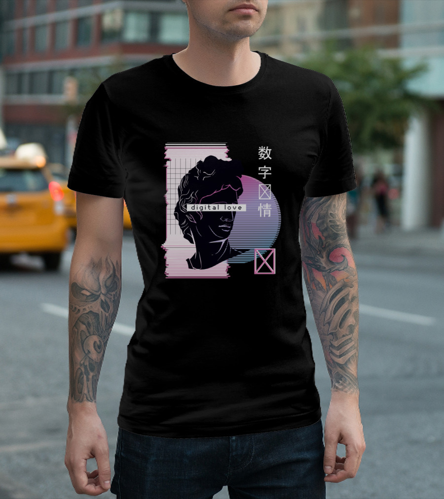 Vaporwave Digital Love Aesthetic With Japanese Characters And Classical Bust T-Shirt