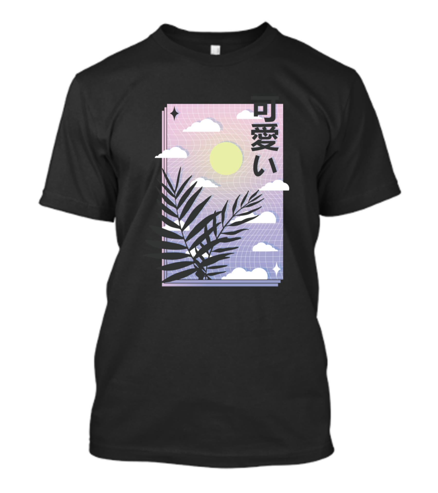 Kawaii Vaporwave Sky Aesthetic With Pastel Sun And Palm Leaves T-Shirt