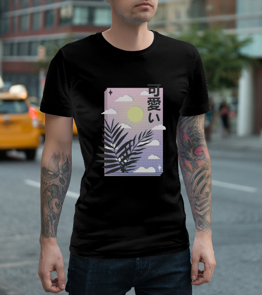 Kawaii Vaporwave Sky Aesthetic With Pastel Sun And Palm Leaves T-Shirt