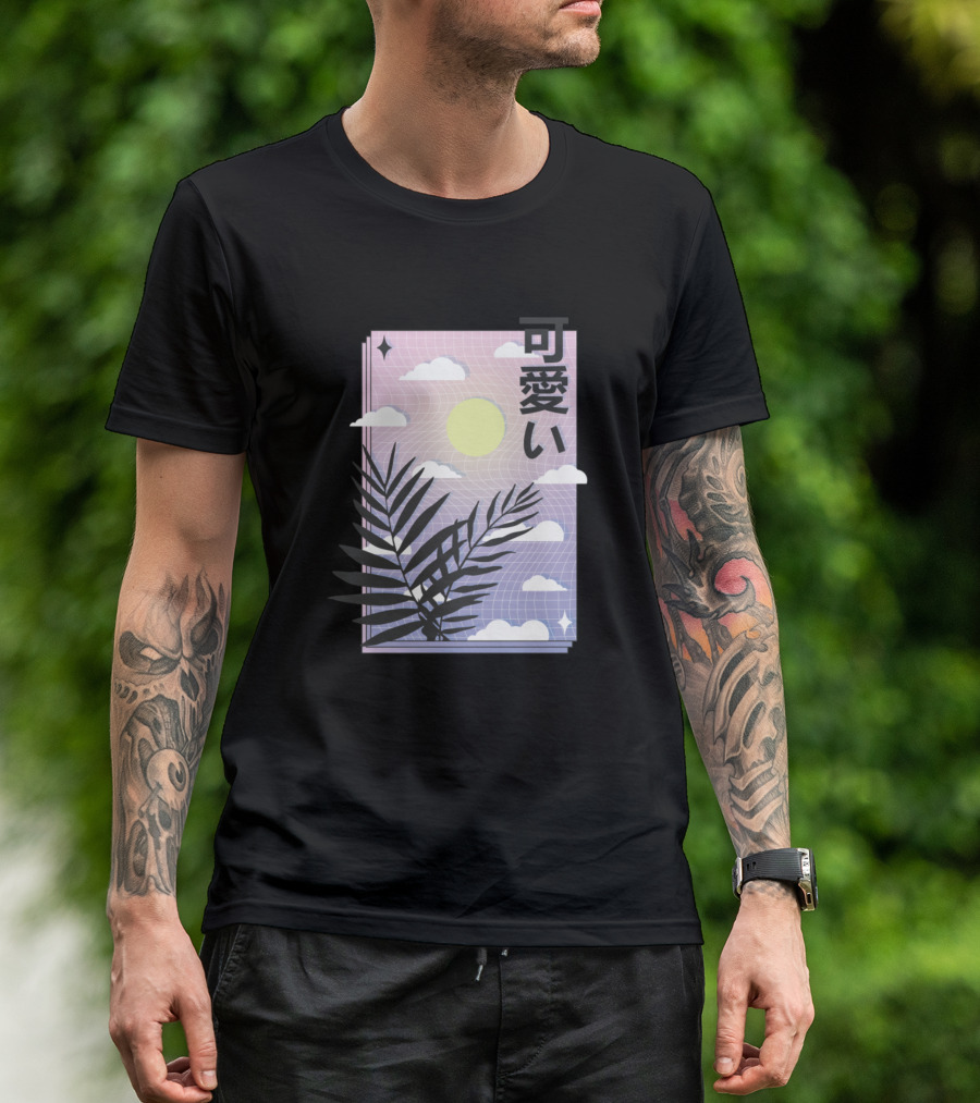Kawaii Vaporwave Sky Aesthetic With Pastel Sun And Palm Leaves T-Shirt