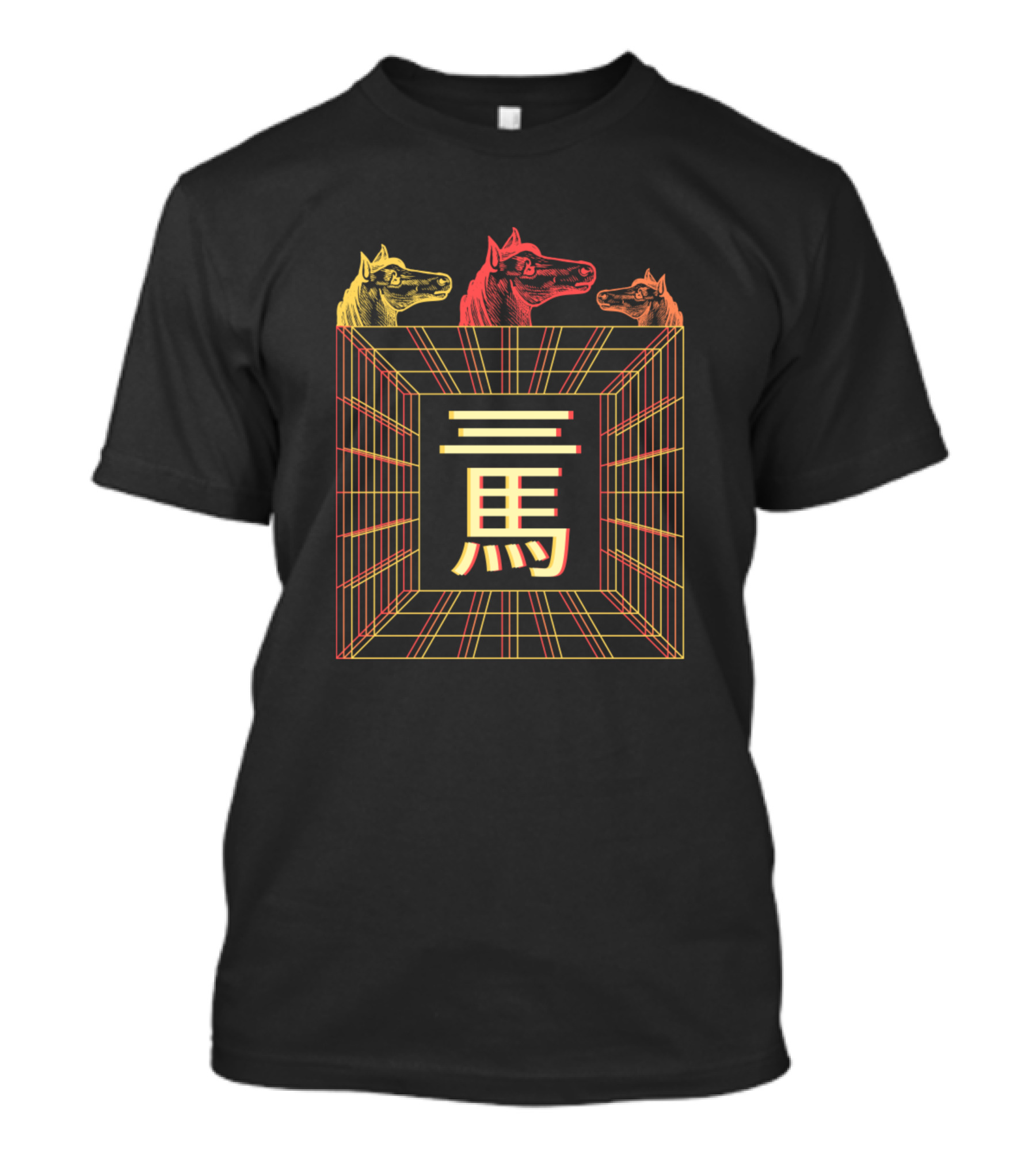 1980s Aesthetic Synthwave Three Horses Japanese Characters T-Shirt