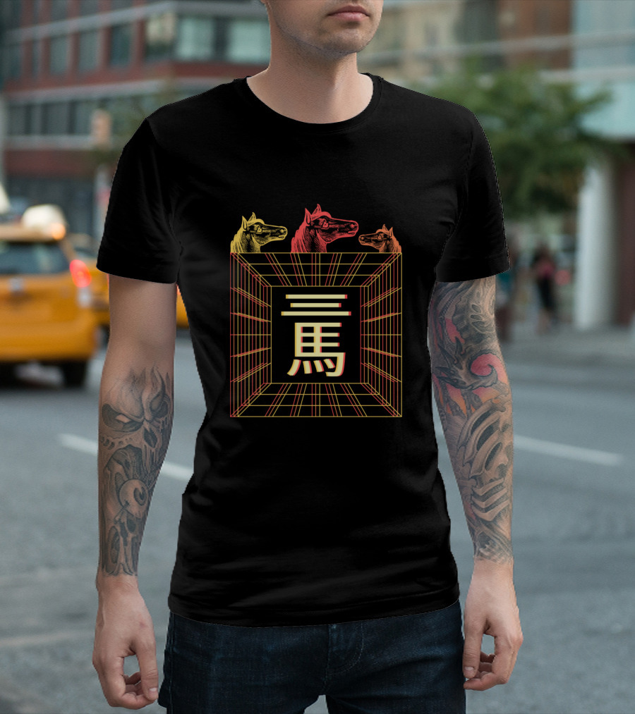 1980s Aesthetic Synthwave Three Horses Japanese Characters T-Shirt