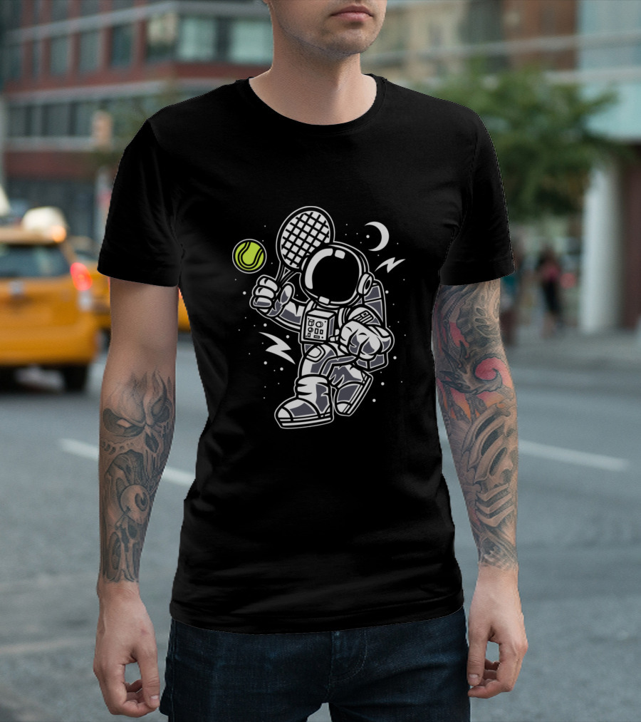 Astronaut Playing Tennis in Space with Moon and Stars T-Shirt