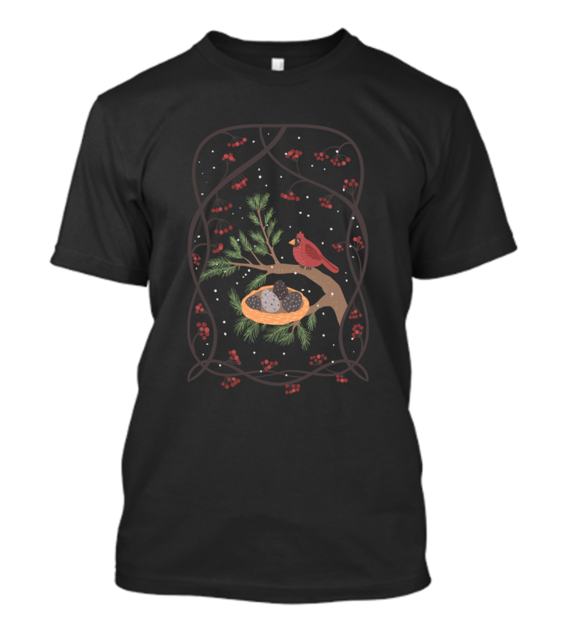 Cardinal Bird On Branch With Nest And Berries In Nighttime Scene T-Shirt