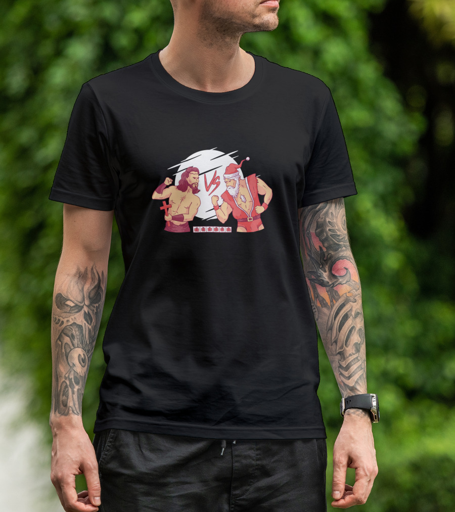 Jesus Vs Santa Cartoon Fight Christmas Cross Boxing Fun T-Shirt