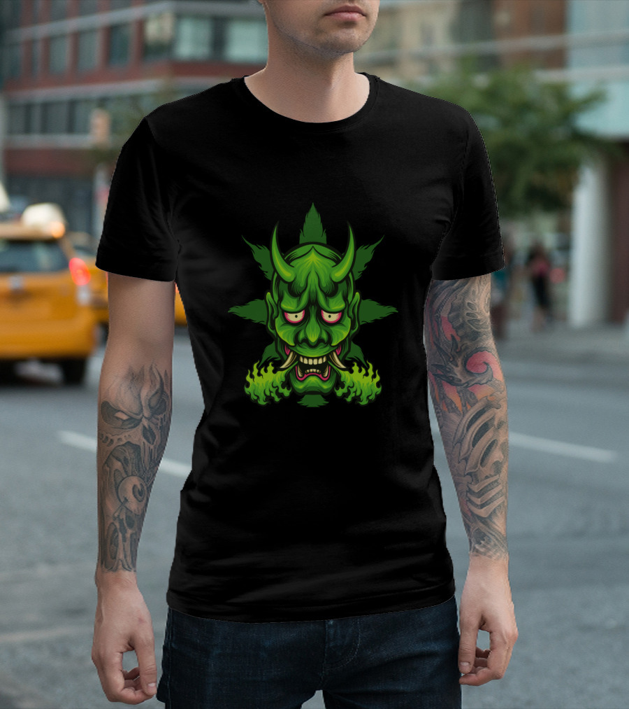 Green Devil Face Demon Mask With Horns And Fiery Breath T-Shirt