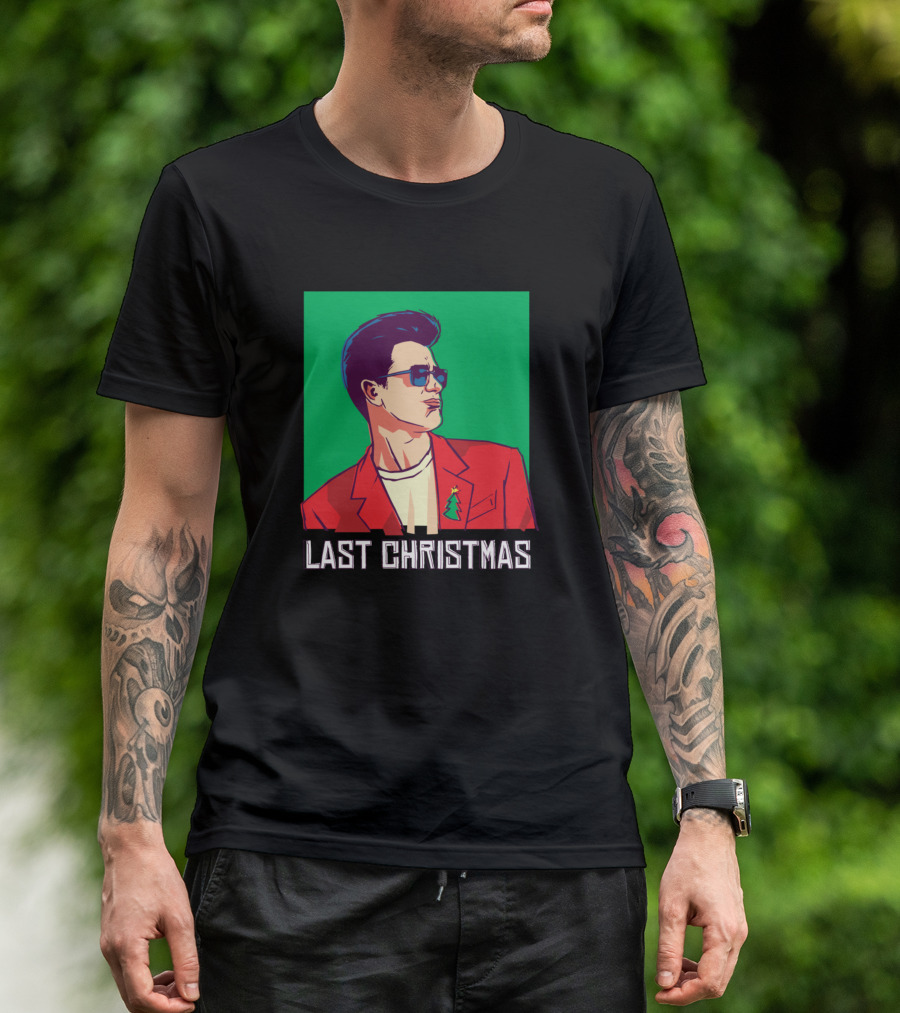 Last Christmas Retro Style Festive Jacket Sunglasses Tree T-Shirt