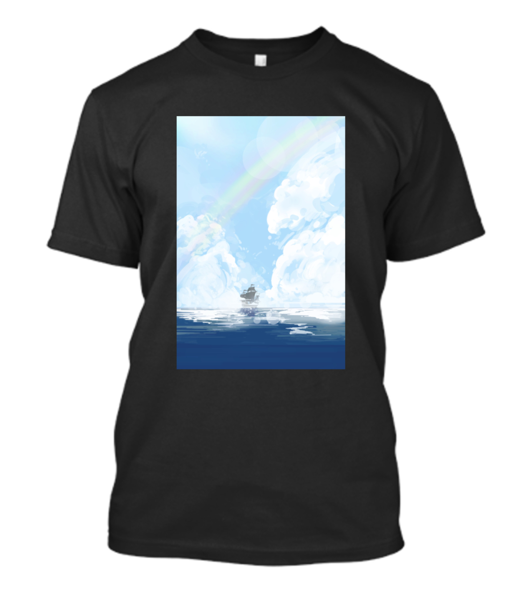 Ocean Broad Surface Scenic Voyage Under Cloudy Skies With Rainbow T-Shirt