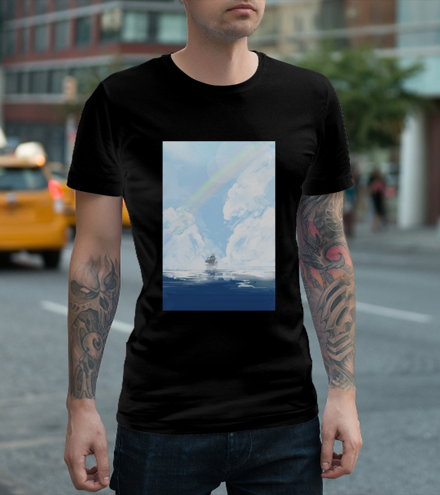 Ocean Broad Surface Scenic Voyage Under Cloudy Skies With Rainbow T-Shirt