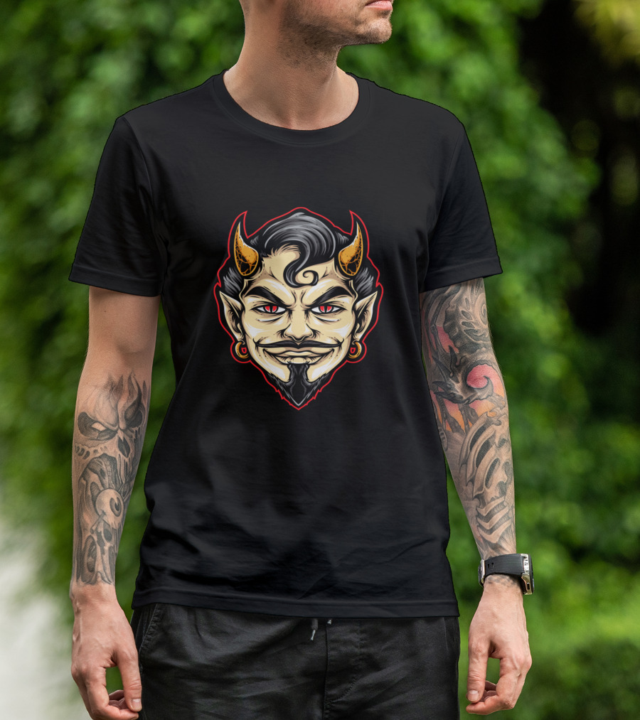 Old Devil Face Red Eyed Fiend Horned Villain T-Shirt