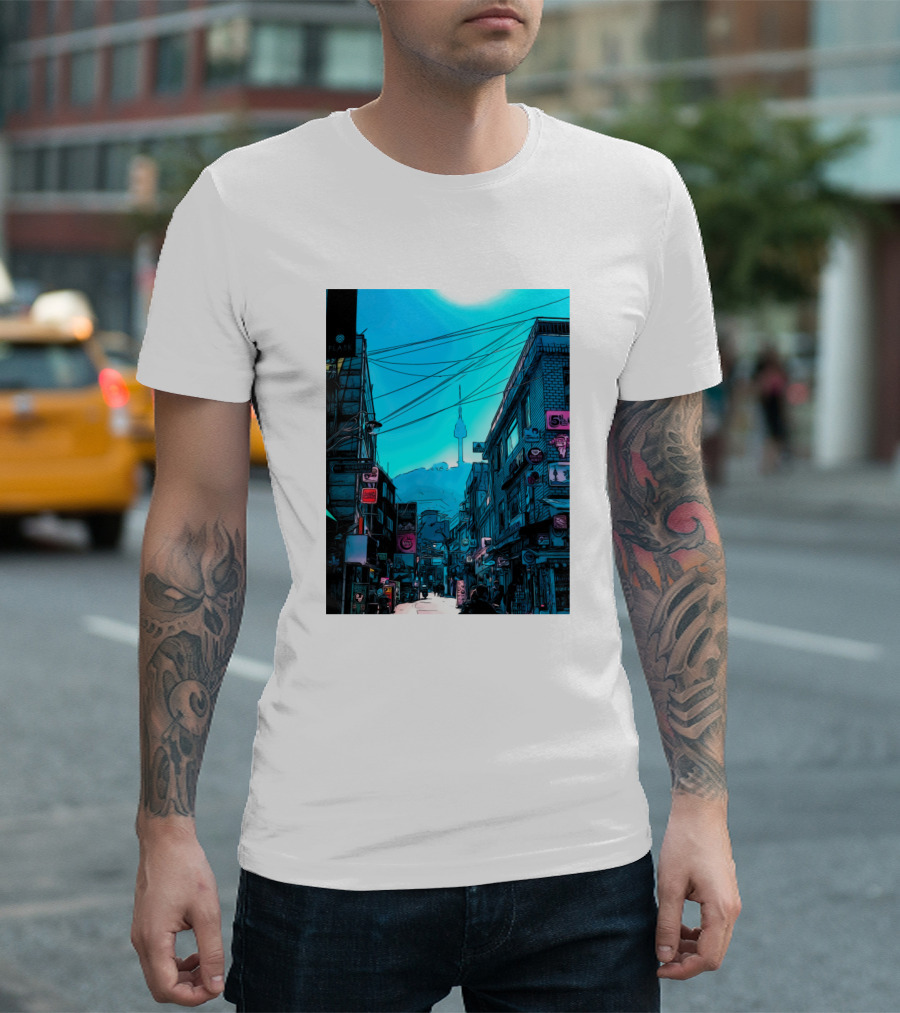 Osaka Urban Street Scene With Tower In Background T-Shirt