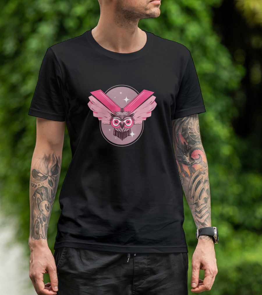 Owl With Pink Glasses And Book Wings In Starry Background T-Shirt