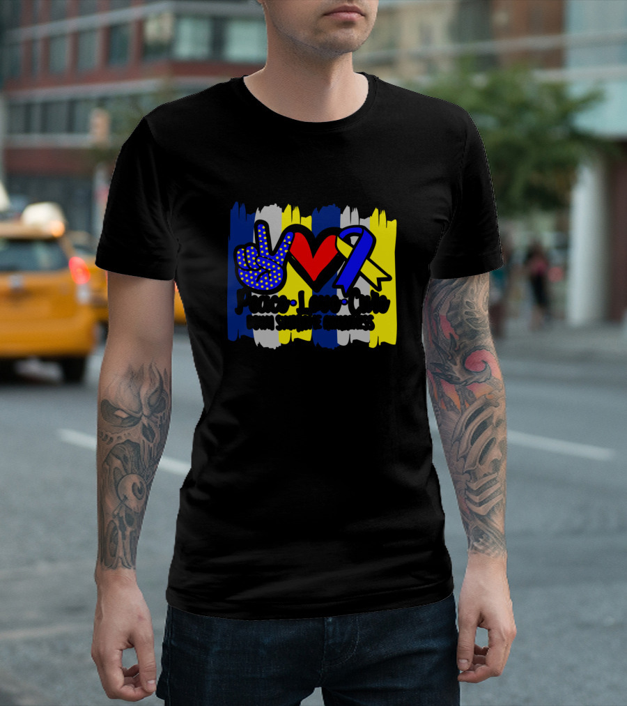 Peace Love Cure Down Syndrome Awareness With Blue Yellow T-Shirt