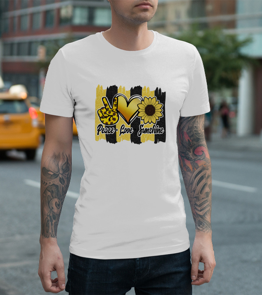 Peace Love Sunshine Heart Sunflower Yellow Stripes T-Shirt
