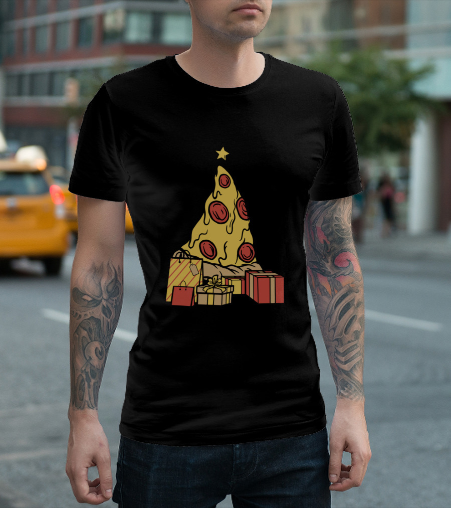 Pizza Christmas Tree With Gifts And Star Pepperoni Holiday T-Shirt