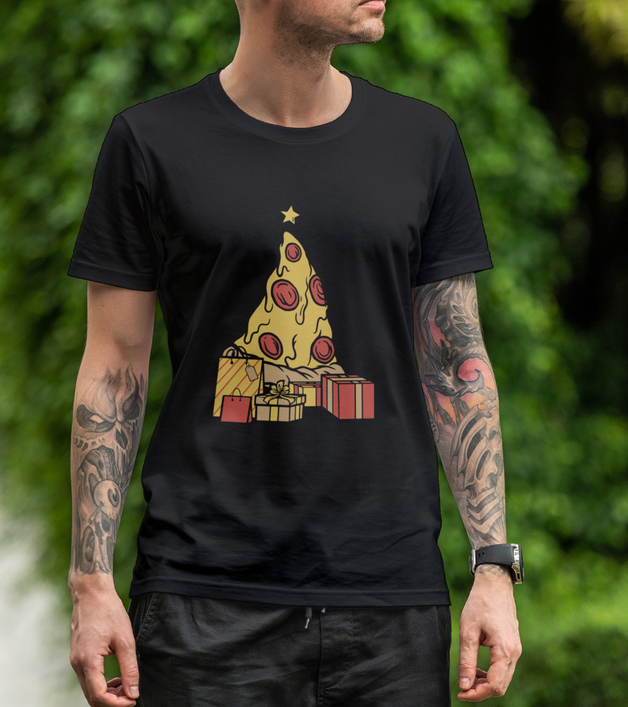 Pizza Christmas Tree With Gifts And Star Pepperoni Holiday T-Shirt