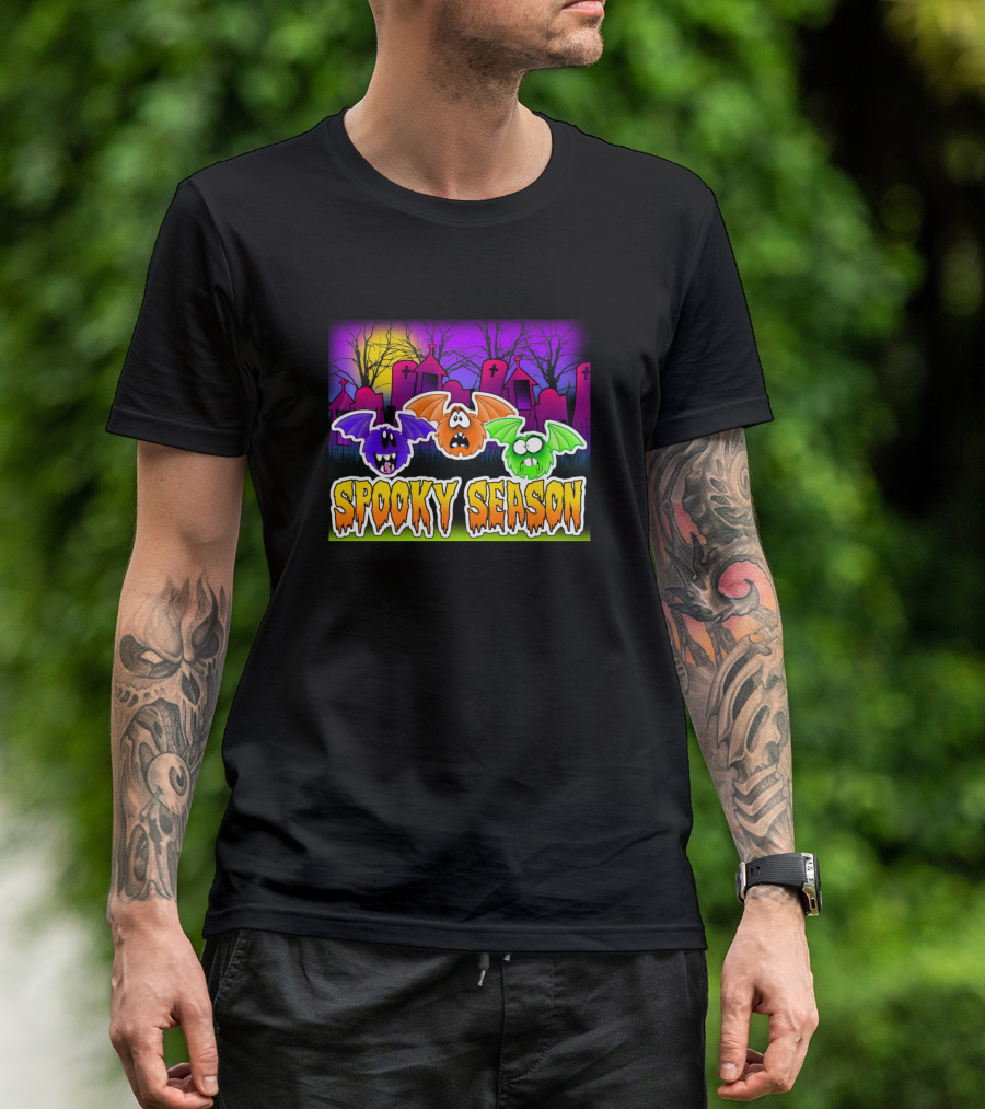 Spooky Season Bats In Haunted Graveyard Scene T-Shirt