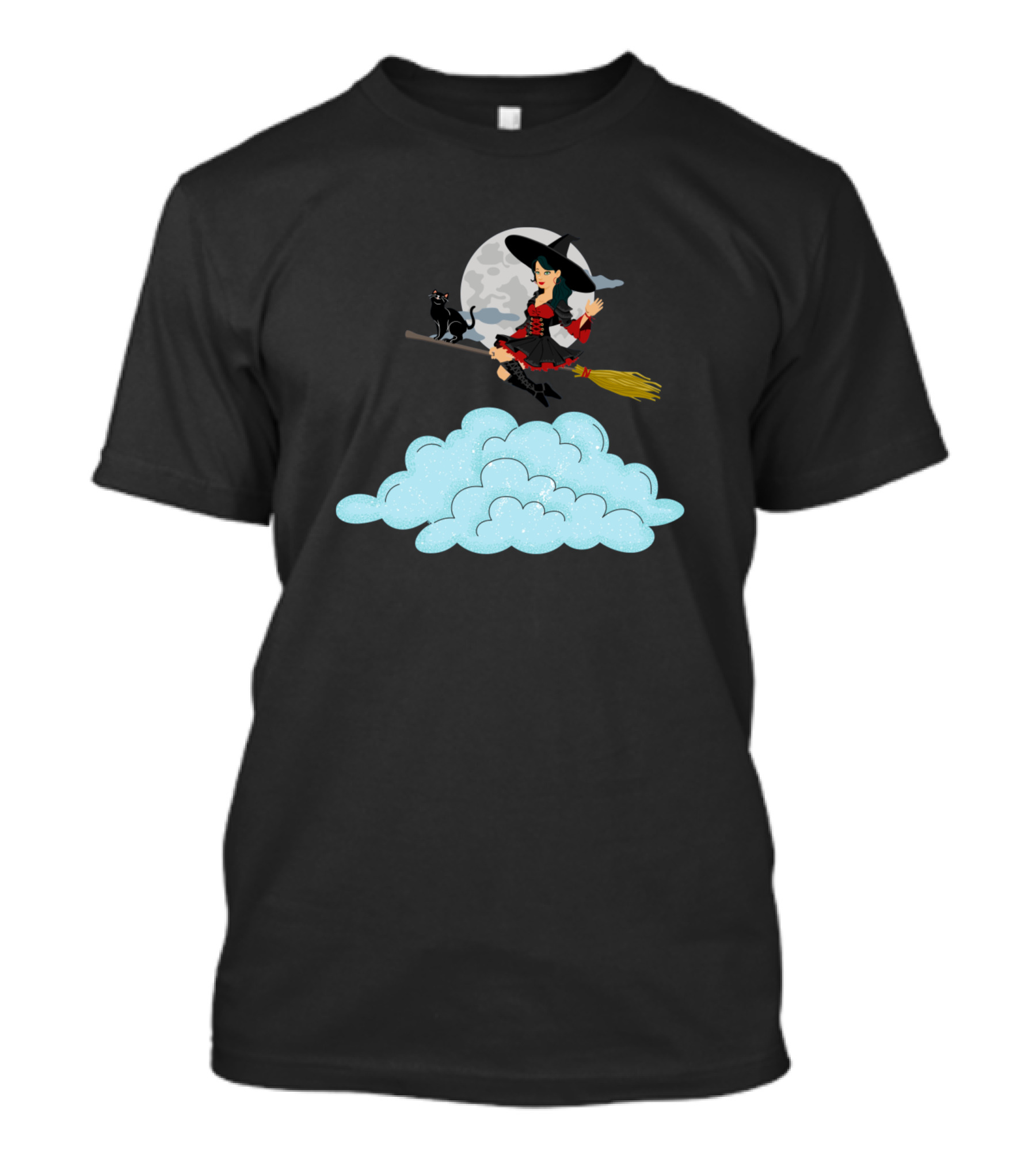 Witch And Black Cat Flying On Broomstick Over Clouds And Moon T-Shirt