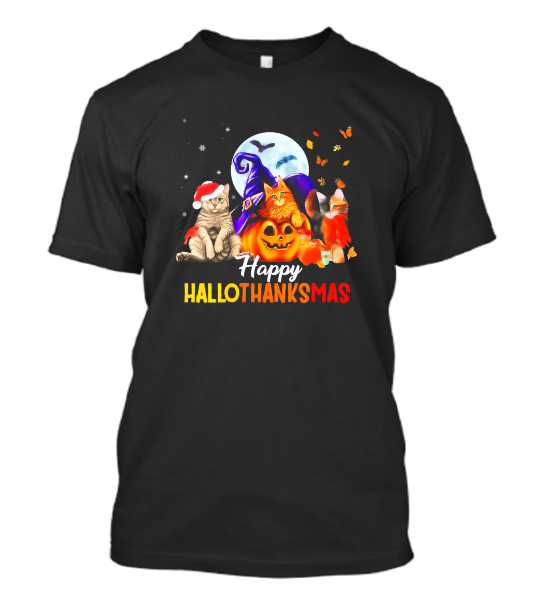 Happy HalloThanksMas Cats Moon Pumpkin Santa Hat Magic Hat T-Shirt