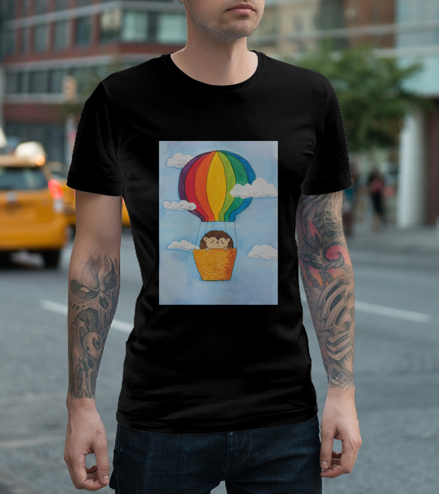 Adorable Little Hedgehog Goes For A Colorful Hot Air Balloon Ride T-Shirt