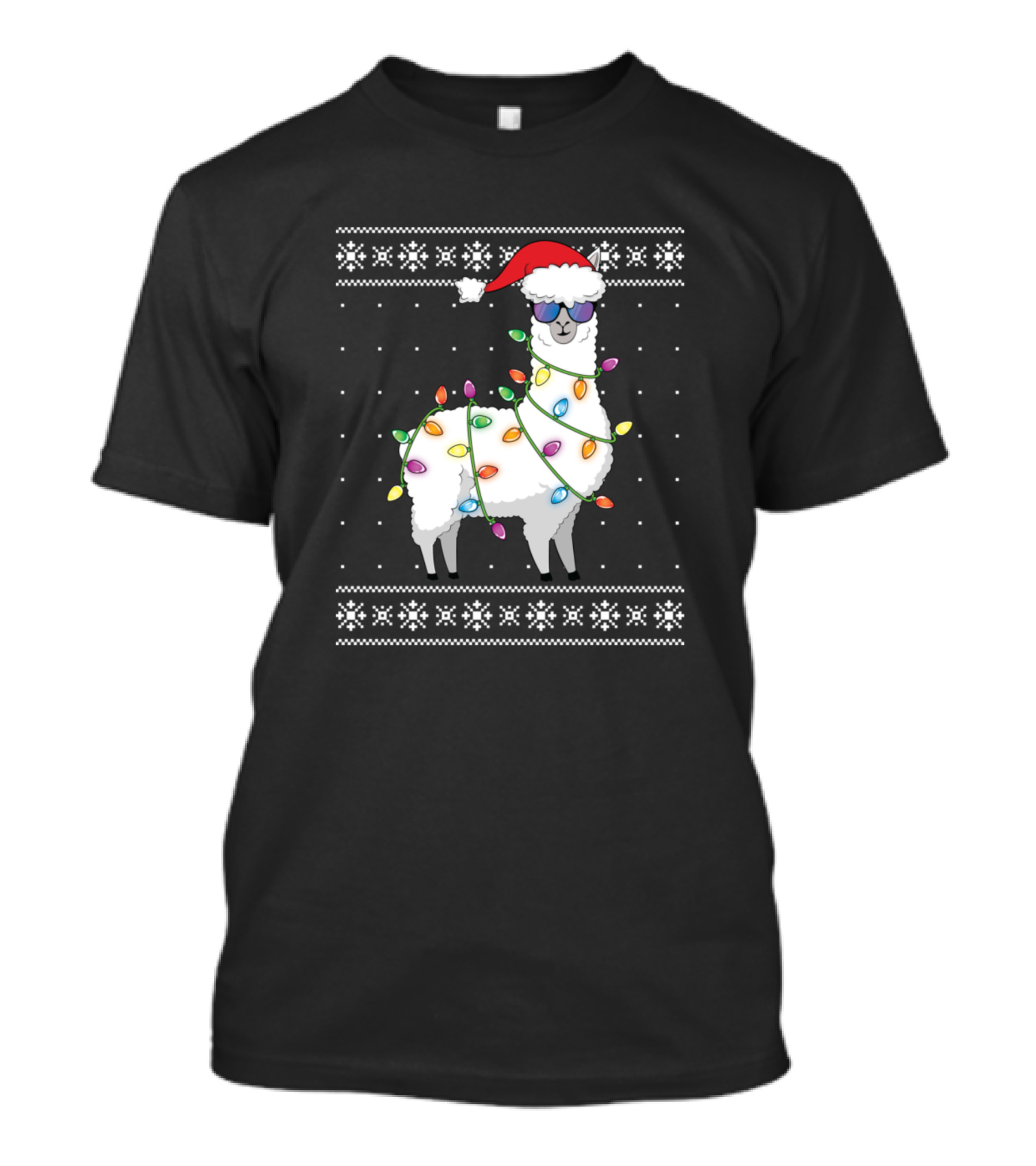 Alpaca Wrapped In Christmas Lights With Santa Hat And Snowflake Borders T-Shirt
