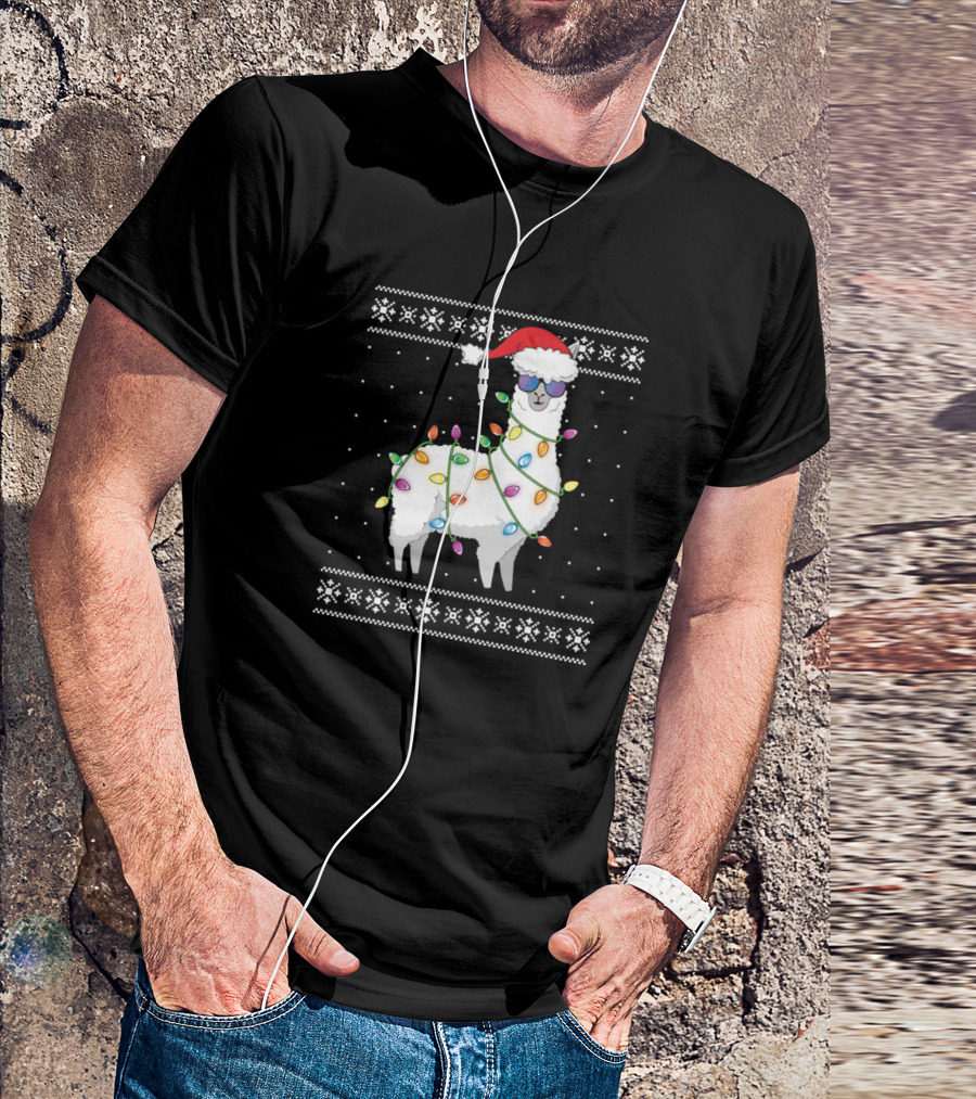 Alpaca Wrapped In Christmas Lights With Santa Hat And Snowflake Borders T-Shirt