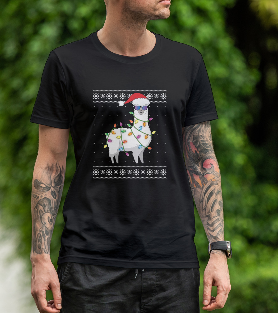 Alpaca Wrapped In Christmas Lights With Santa Hat And Snowflake Borders T-Shirt