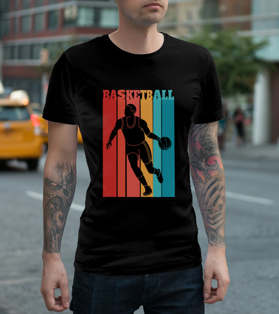 Basketball Retro Silhouette Vintage Stripes T-Shirt