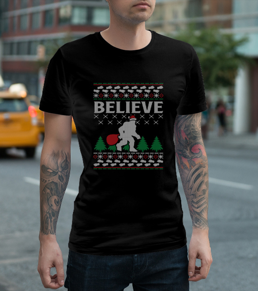 Believe Bigfoot Sasquatch Santa Ugly Christmas T-Shirt