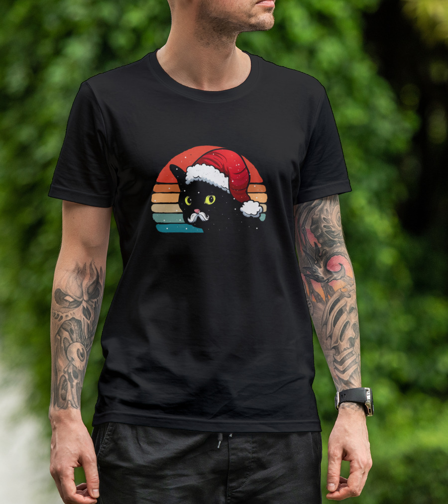 Black Cat Santa Hat Retro Sunset With Mustache T-Shirt