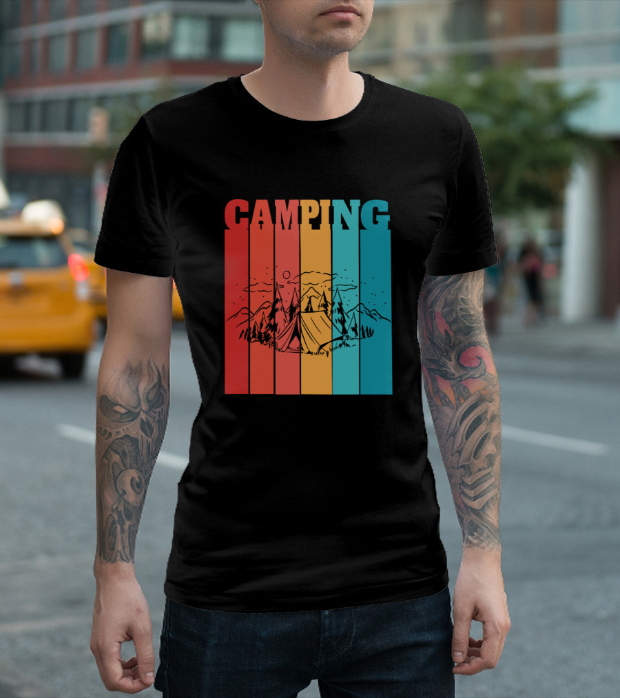 Camping Retro Mountain Tent Scene with Forest Stripes T-Shirt