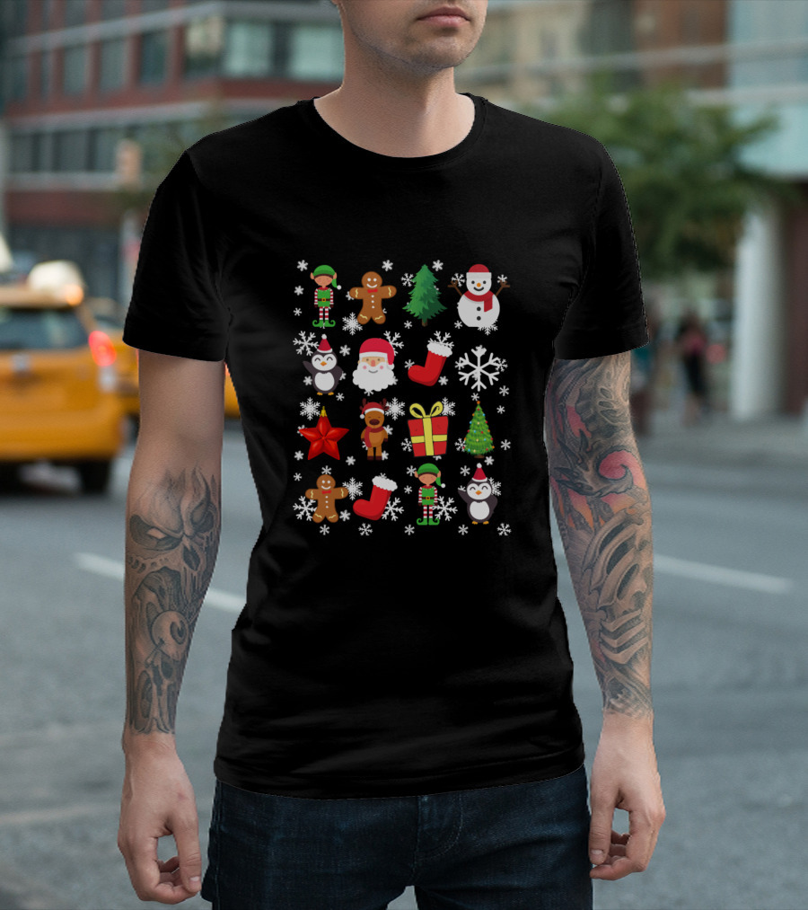 Santa Snowman Christmas Elf Reindeer Gingerbread Holiday Icons T-Shirt