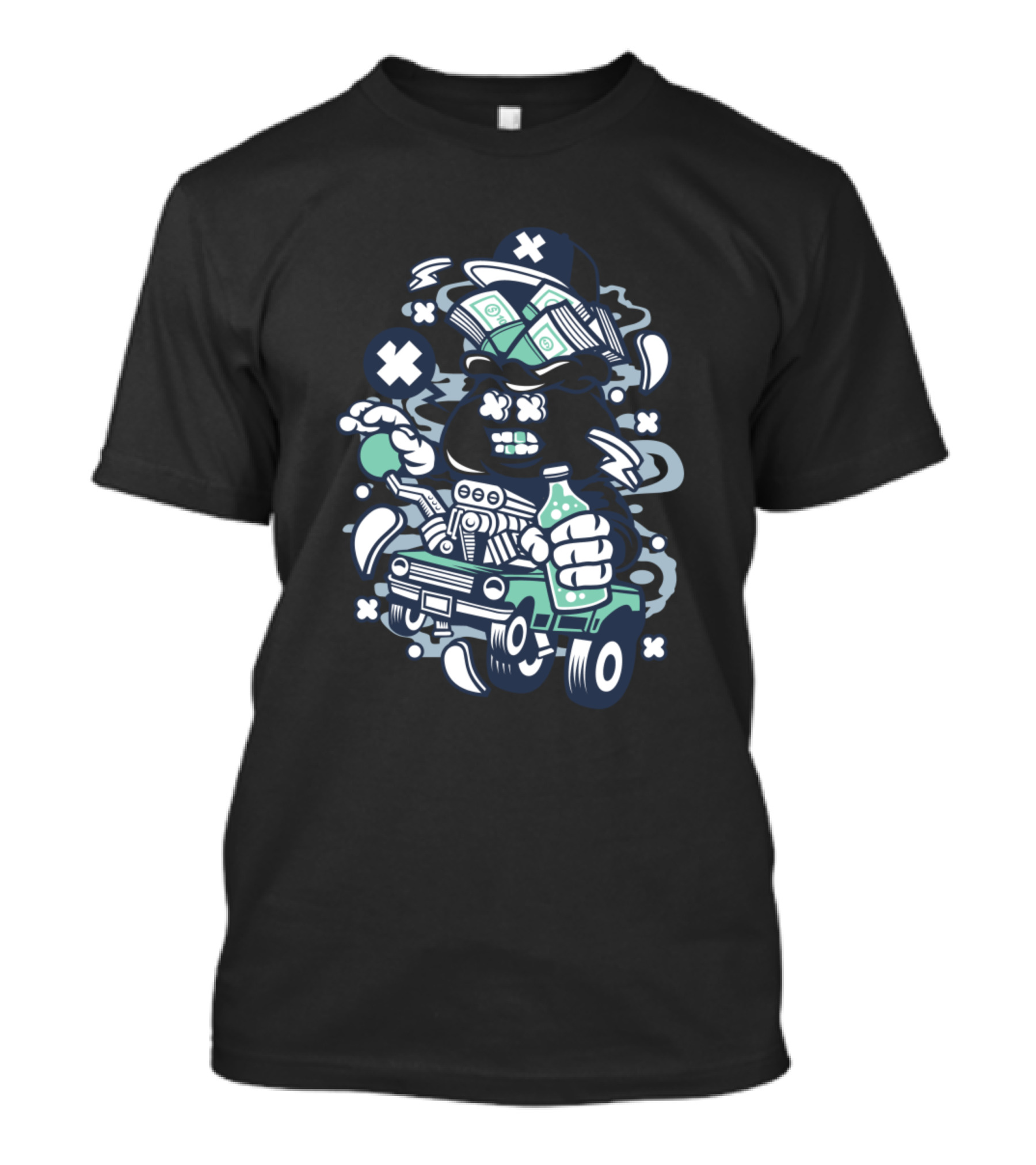 Dollar Hotrod Cartoon With Cash And Cap Character T-Shirt