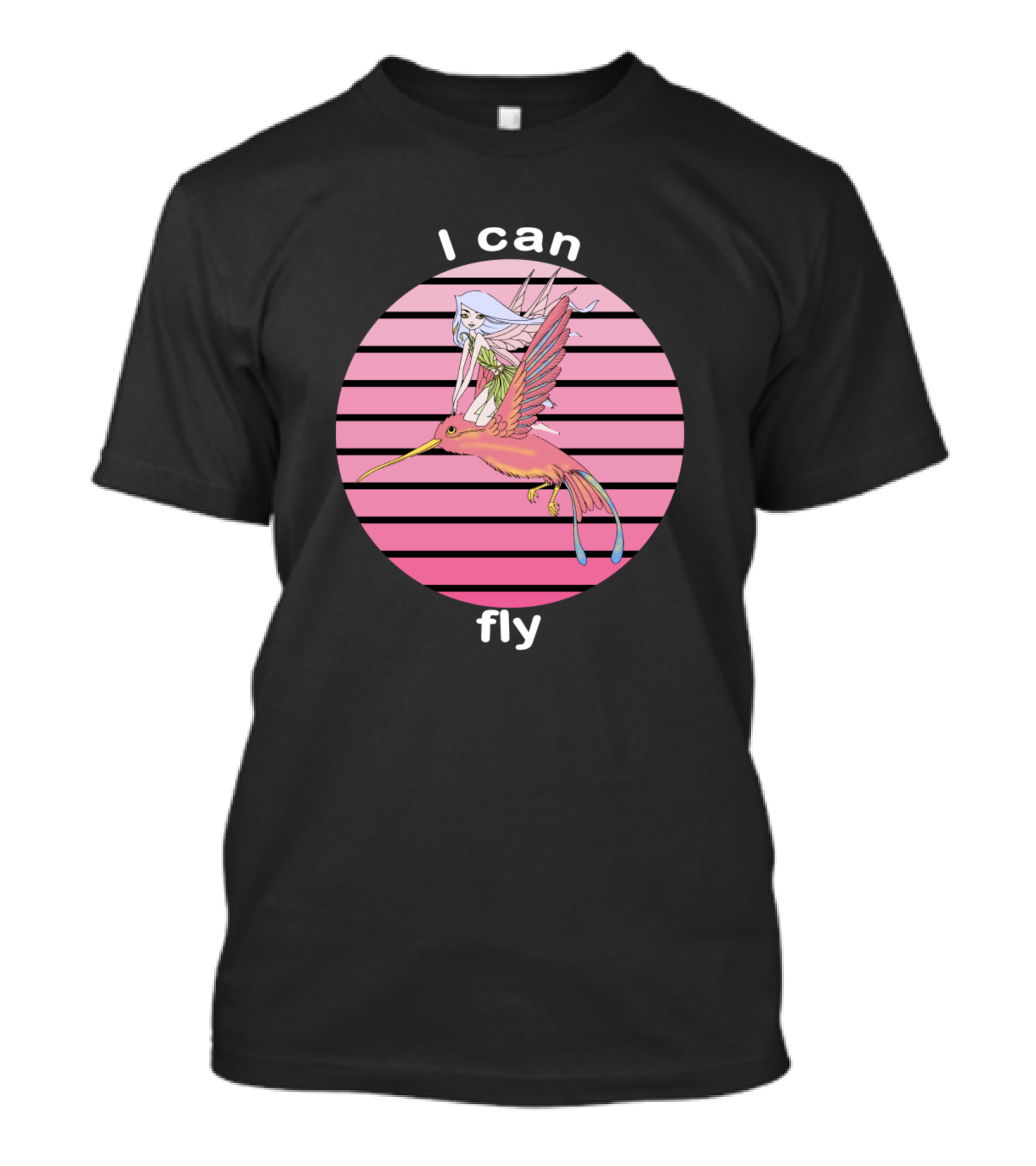 I Can Fly Anime Girl Riding Pink Hummingbird Retro Stripes T-Shirt