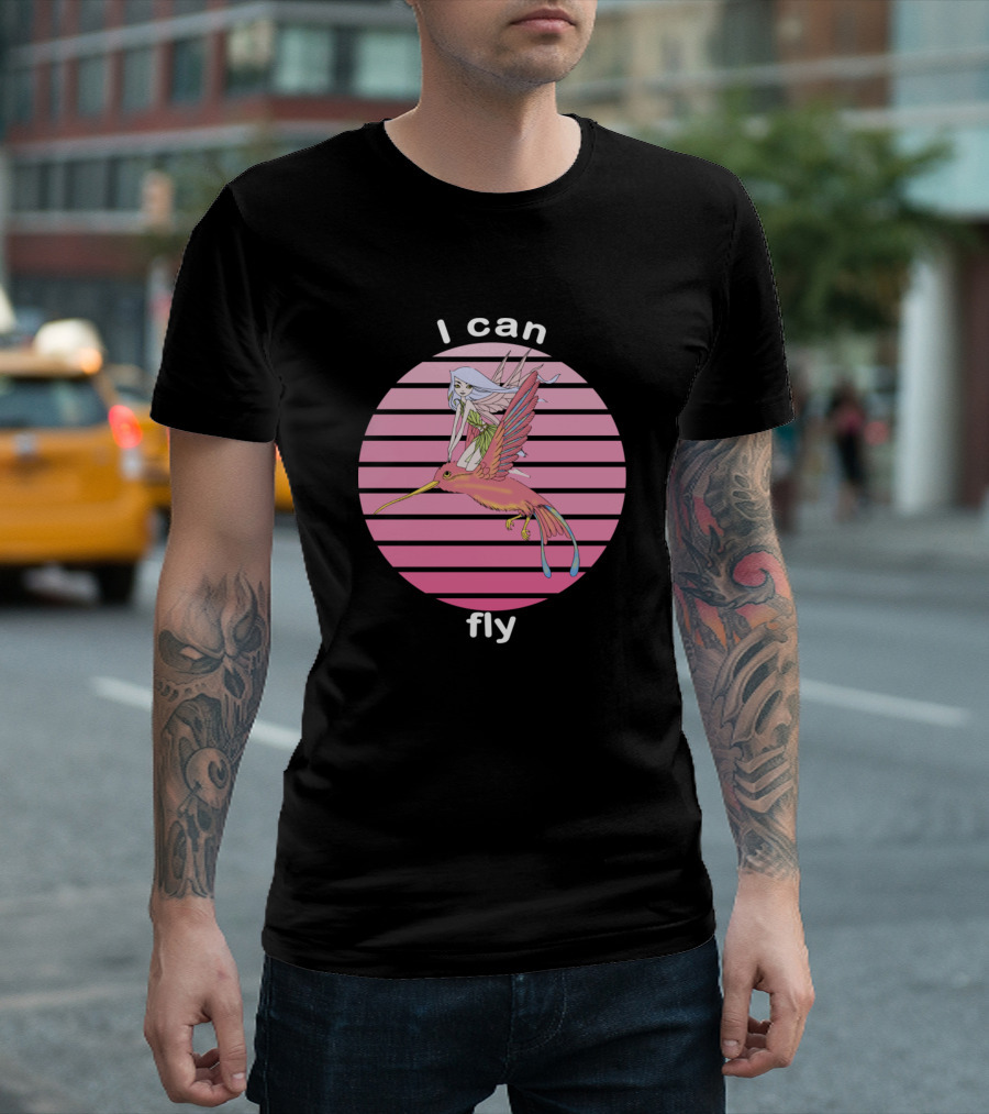 I Can Fly Anime Girl Riding Pink Hummingbird Retro Stripes T-Shirt