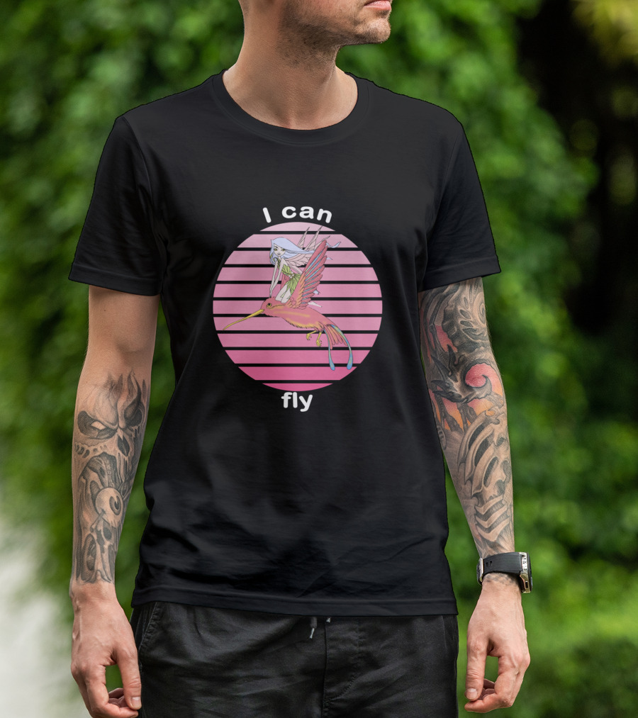 I Can Fly Anime Girl Riding Pink Hummingbird Retro Stripes T-Shirt
