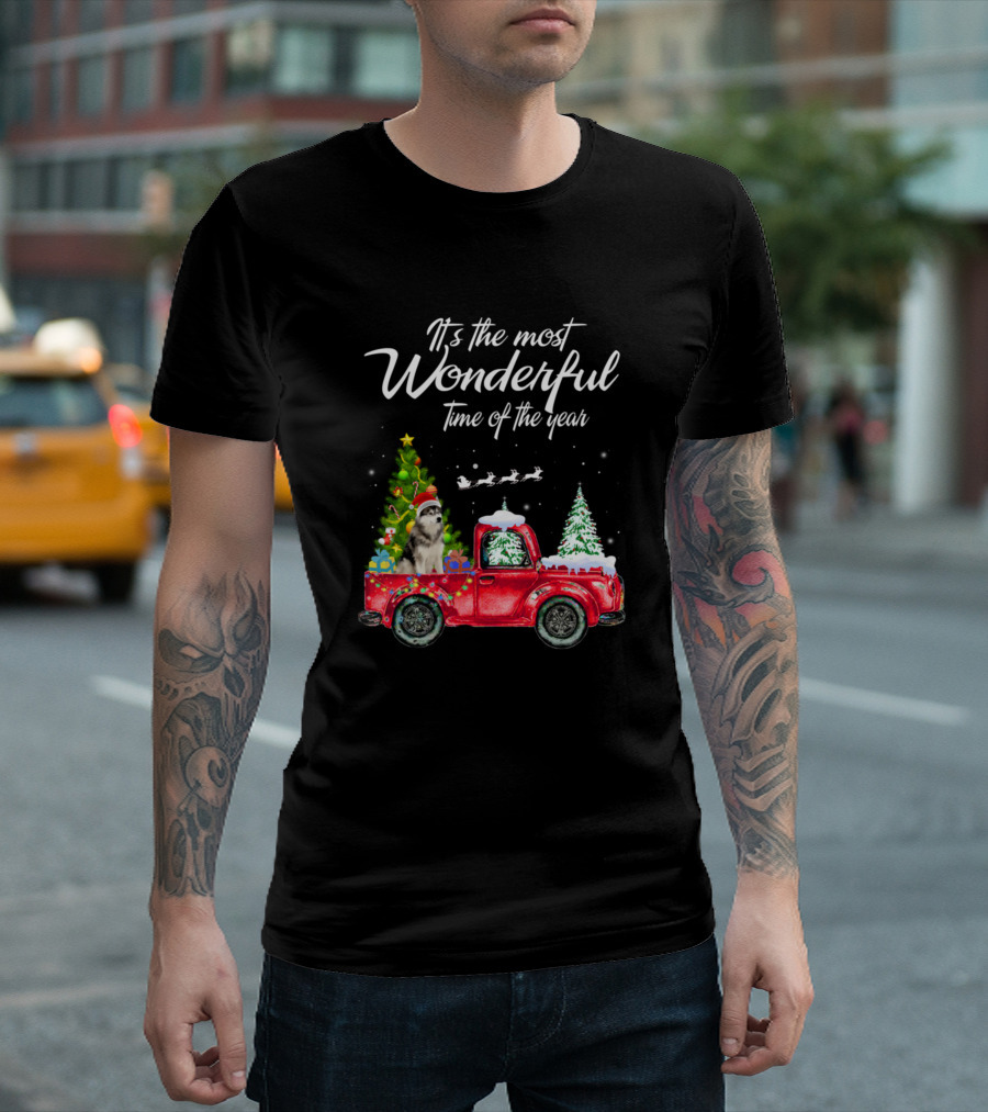 Its The Most Wonderful Time Of The Year With Truck Christmas Tree Dog Santa Hat T-Shirt