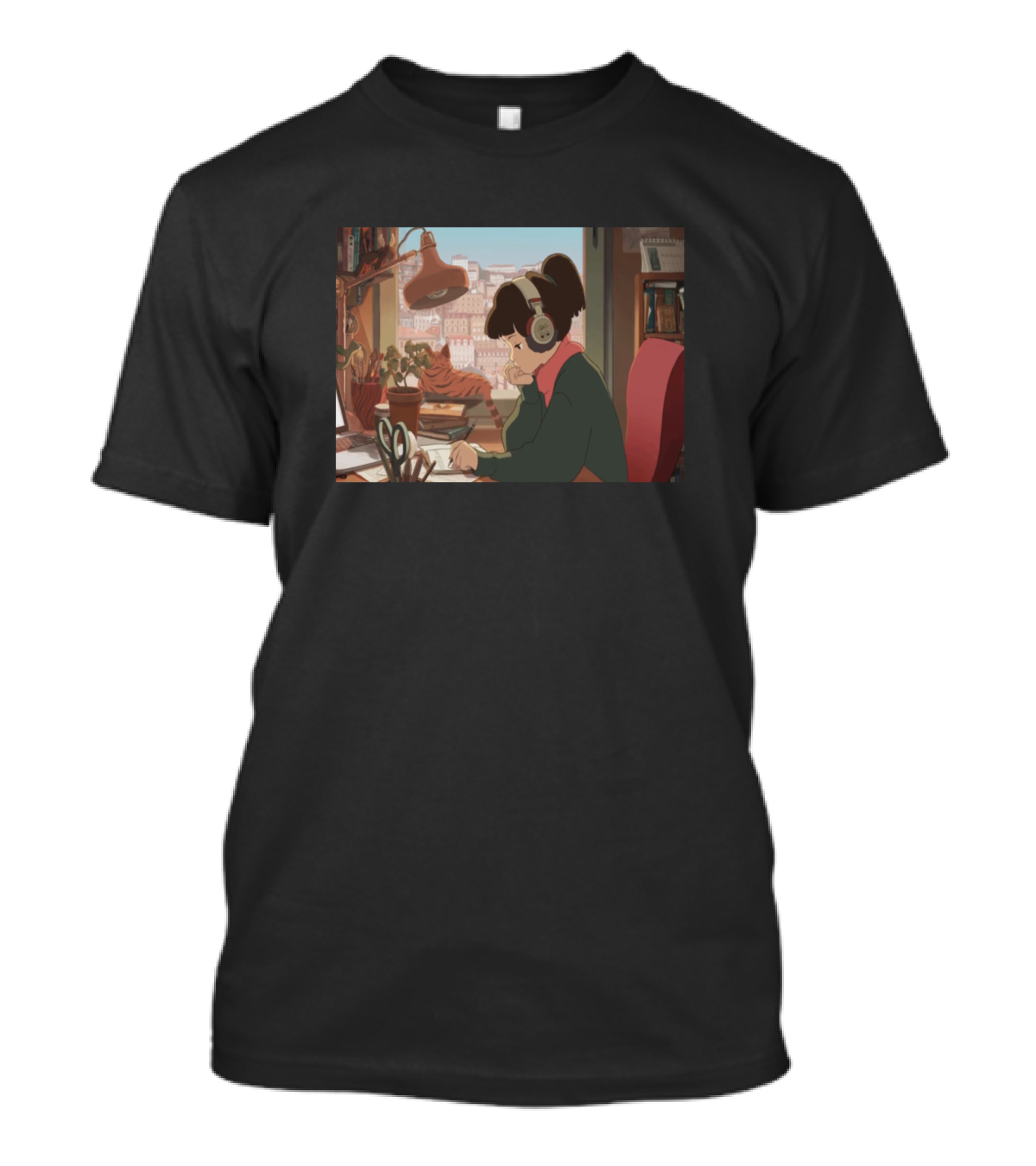 Lofi Study Girl With Headphones Cozy Desk Scene T-Shirt