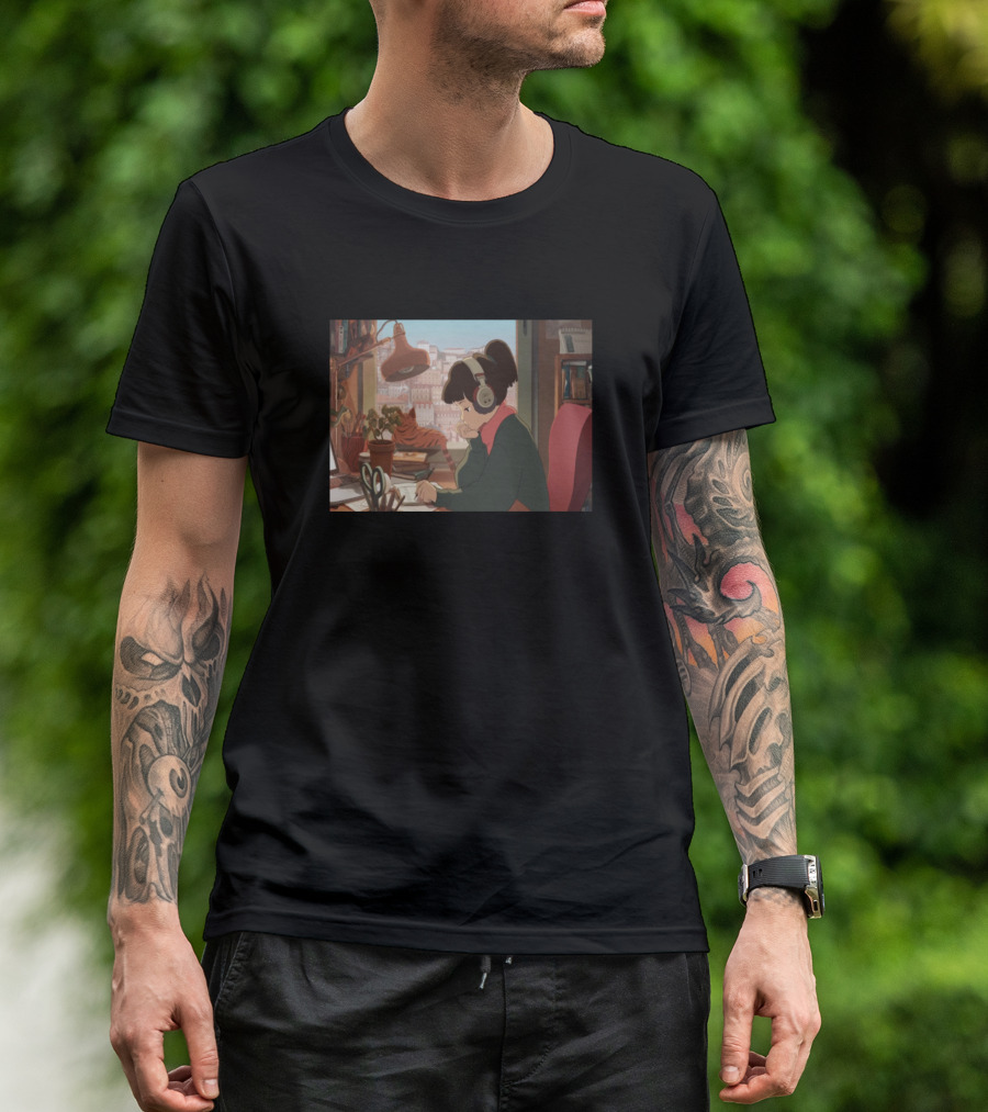 Lofi Study Girl With Headphones Cozy Desk Scene T-Shirt
