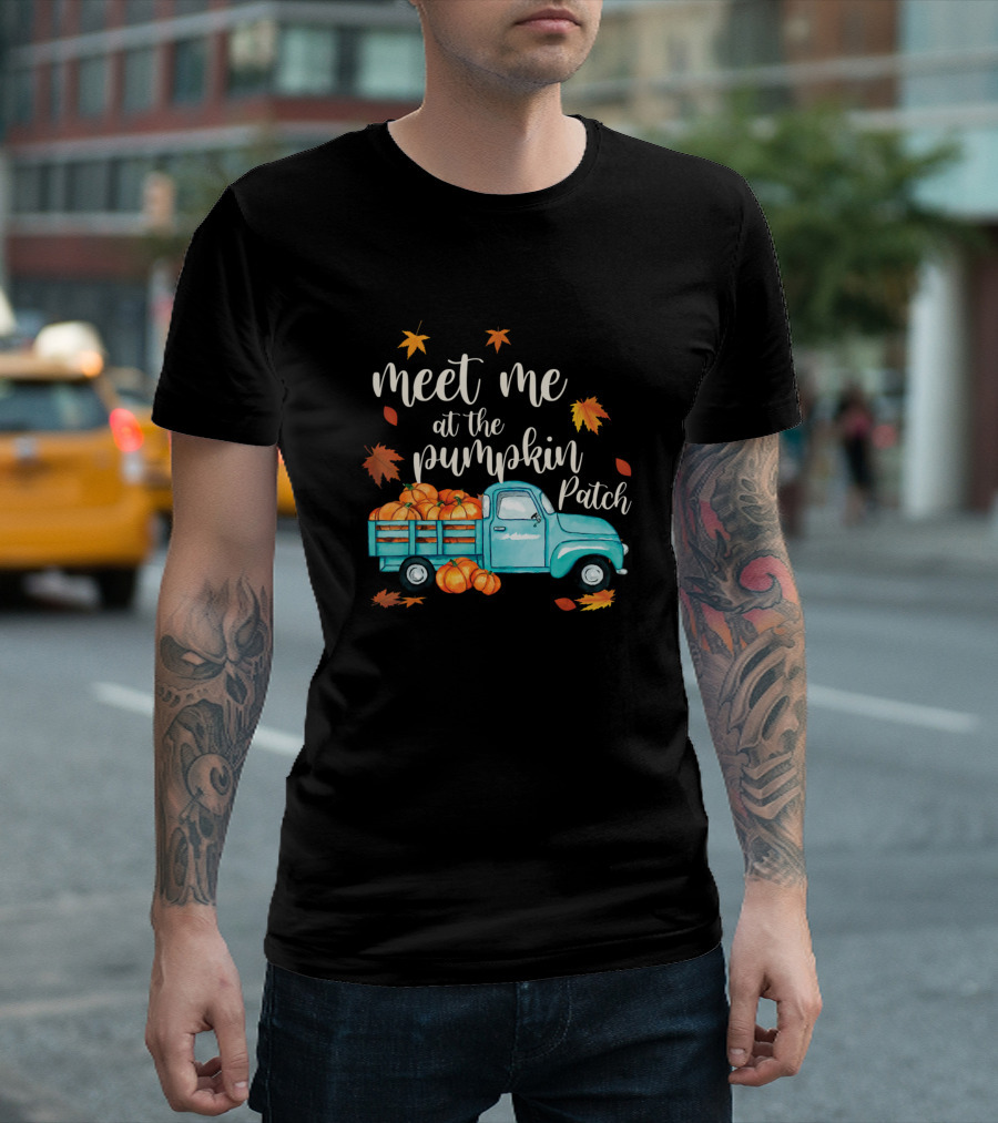 Meet Me at the Pumpkin Patch with Vintage Truck and Autumn Leaves T-Shirt