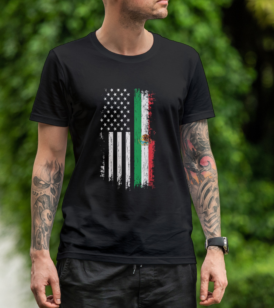 Mexico USA Roots Mexican American Flag Combination T-Shirt