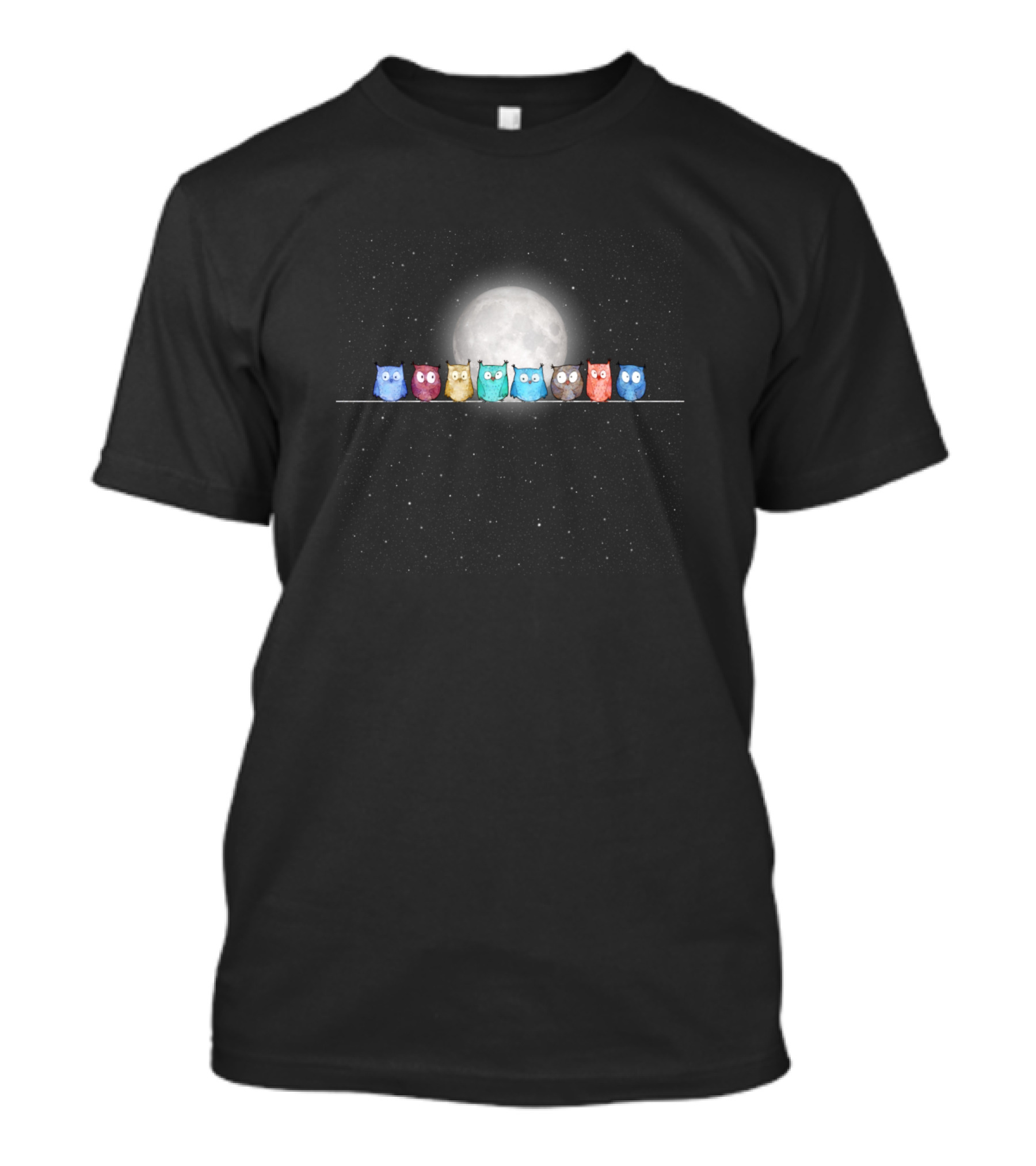 Starry Night Owls On A Wire Under Full Moon T-Shirt