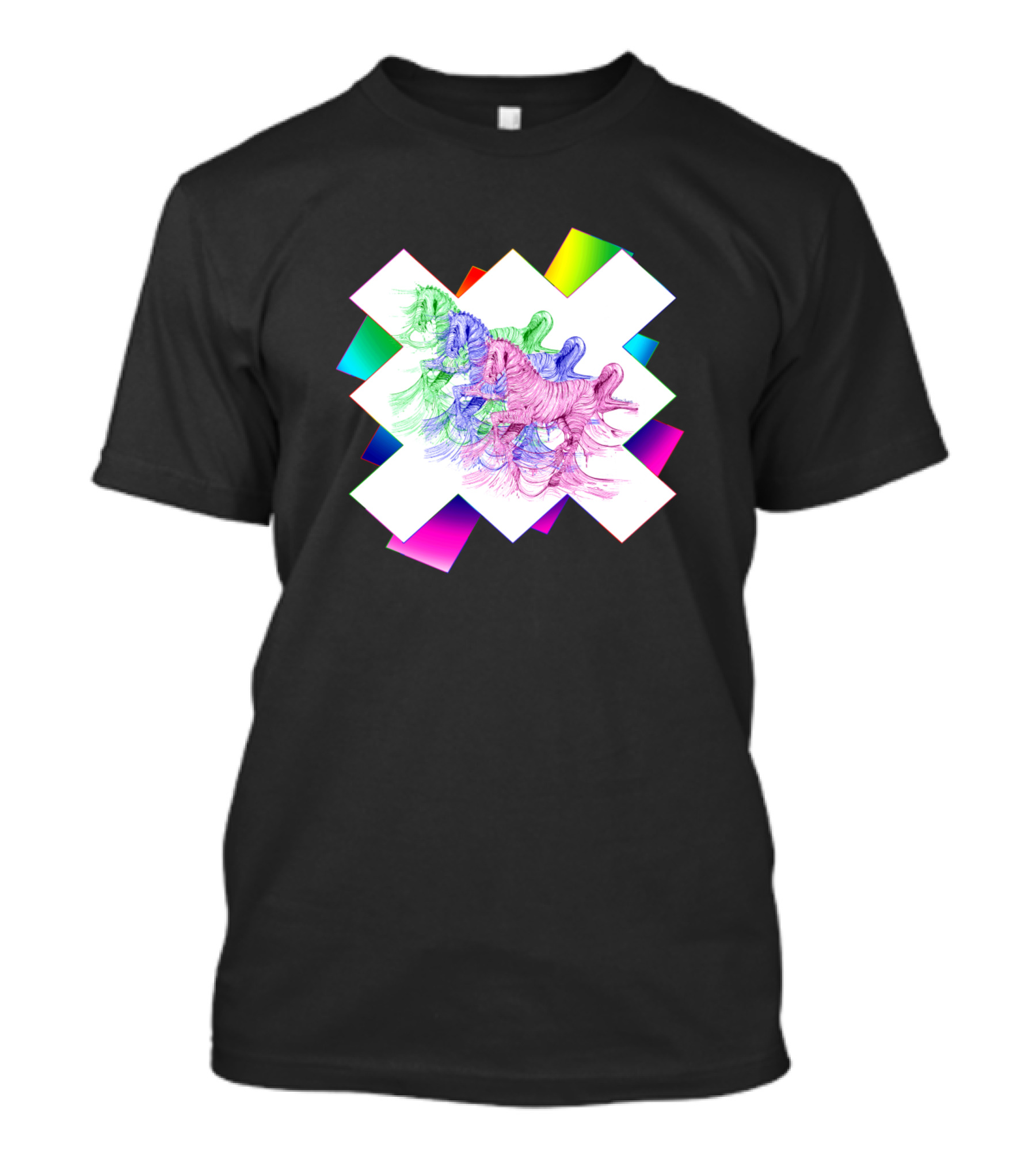 Tricolor Horses Vibrant Geometric Cross T-Shirt