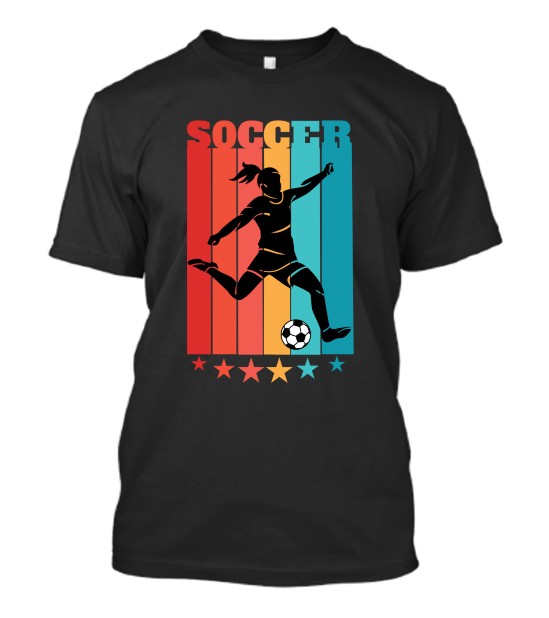 Retro Woman Soccer Player Silhouette Rainbow Stars T-Shirt