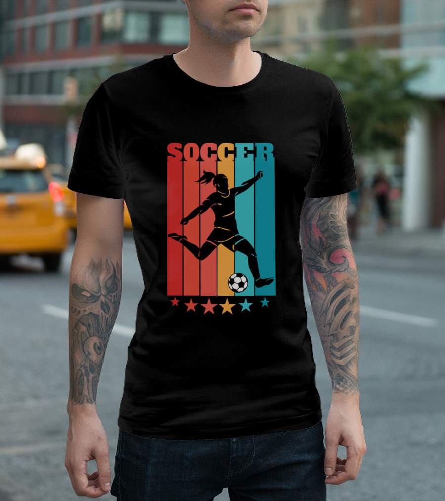 Retro Woman Soccer Player Silhouette Rainbow Stars T-Shirt