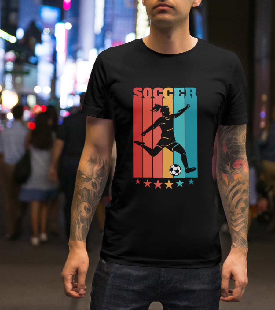 Retro Woman Soccer Player Silhouette Rainbow Stars T-Shirt